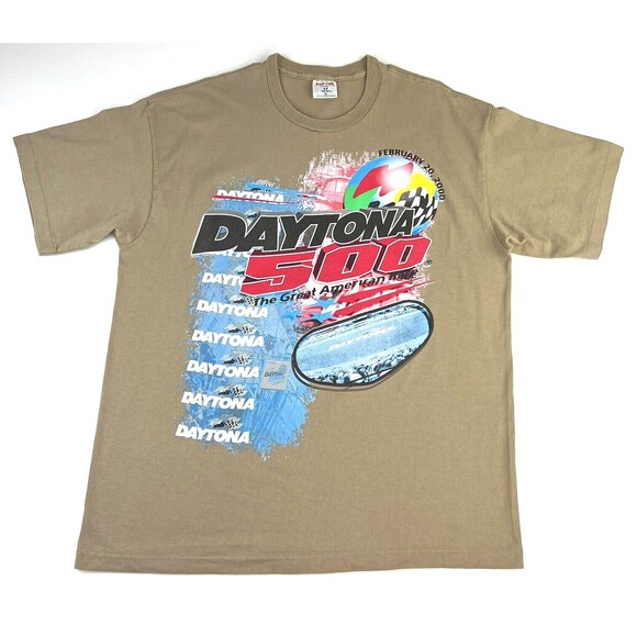 VTG 2000 Y2K Daytona 500 Nascar Graphic T Tee Shirt Beige Mens XL USA Made